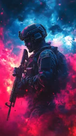 Neon storm swirls around a focused futuristic soldier stance