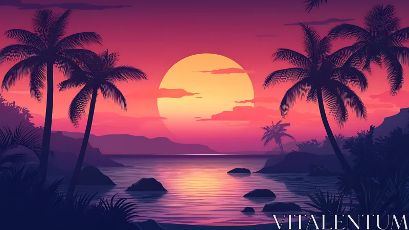 Neon-gradient tropical sunset framed by silhouetted palms