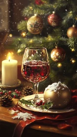 Still life of candle, wine glass and ornaments by tree.