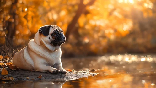 Melancholy pug guards the glowing river of autumn light