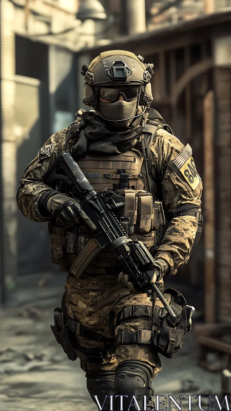 Tactical operator in urban AO with modular combat loadout.