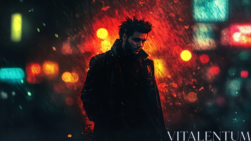 Brooding figure walks alone through neon soaked city rain