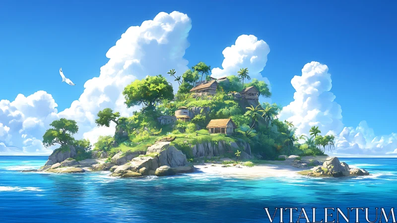 Tropical Island Settlement Amid Turquoise Waters and Cumulus Clouds.