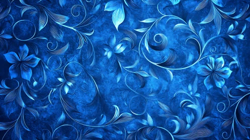 Intricate blue floral scrollwork with etched line shading and depth