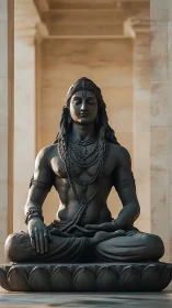 Silent stone yogi welcomes calm in a sunlit temple hall