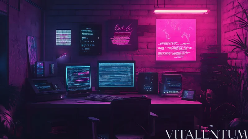 Cyberpunk coding workstation under neon magenta glow.