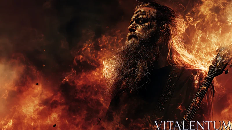 Bearded metal guitarist emerges from inferno with dramatic backlight