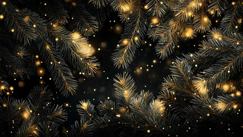 Fir branches with warm string lights framing dark center.