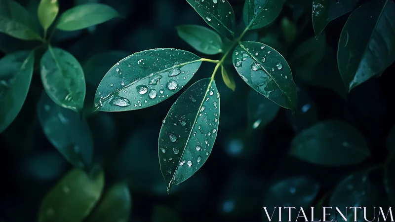 Wet green leaves with water droplets in low ambient light.