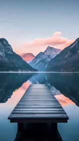 Wooden lakeside pier facing calm mountains at dusk.