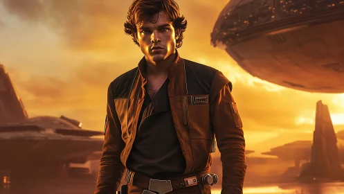 Sunset rogue strides beneath hovering starbound titan.