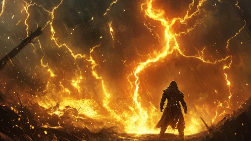 Warrior Standing Before Massive Lightning Storm and Flames