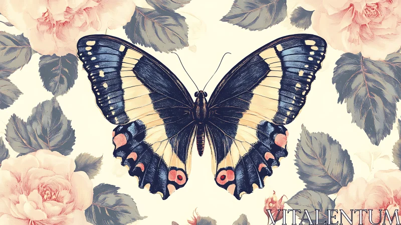 Illustrated swallowtail butterfly rests amid soft pastel florals