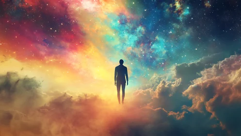 Radiant silhouette walks softly into a vast cosmic sky