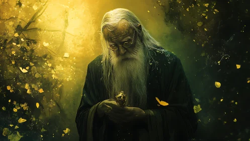 Elderly robed man holding golden object in forest light.