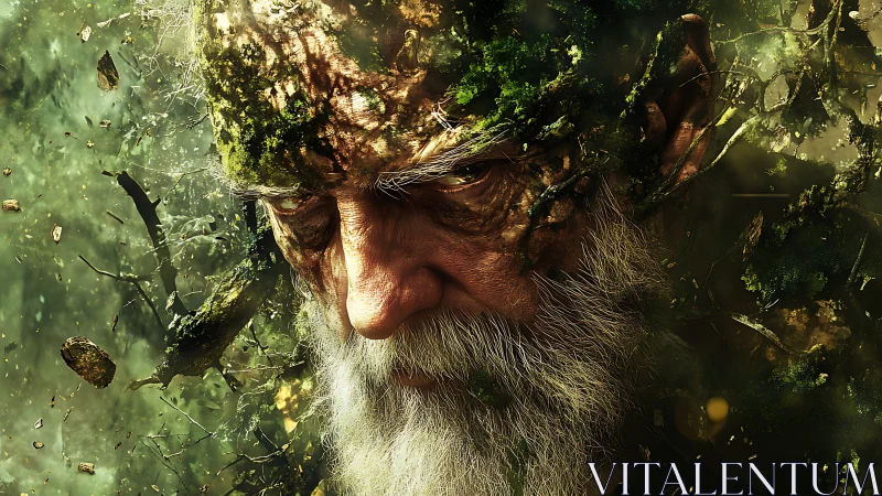 Ancient forest guardian portrait with moss-infused visage.