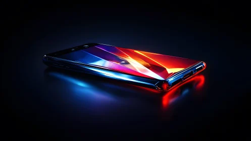 Futuristic smartphone on dark background with vibrant neon lighting.