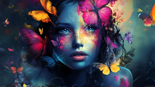 Surreal blue portrait merges with luminous butterflies in flight