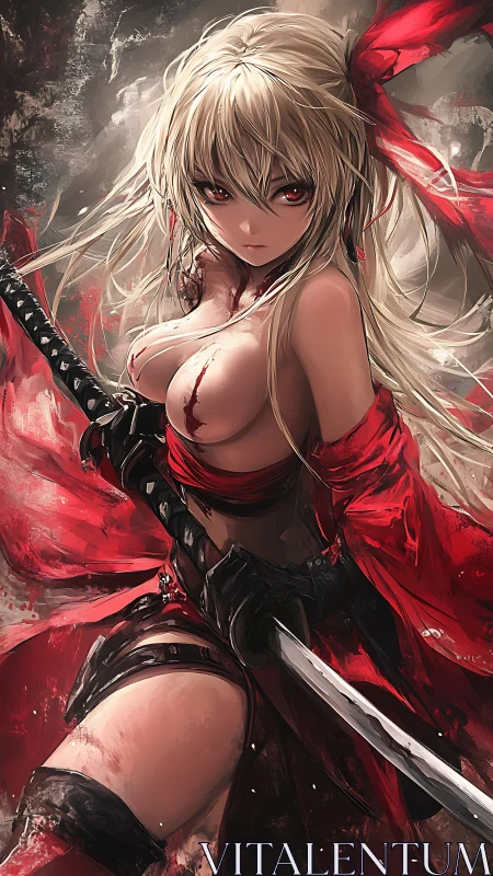 Battle-ready anime swordswoman in torn red outfit.