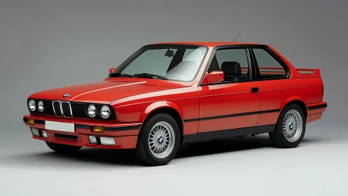 Crimson classic coupe idling like a poised autobahn heartbeat.