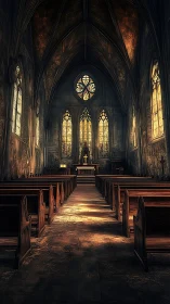 Gothic nave interior with stained glass and dramatic chiaroscuro.