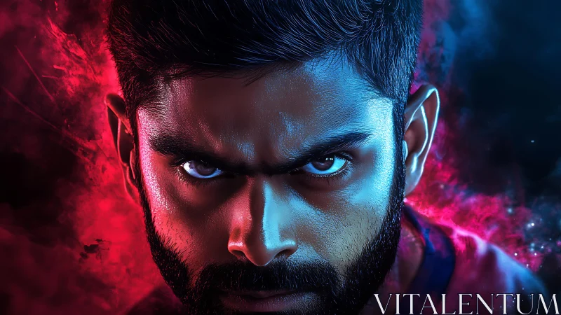 Bicolor rim-lit male portrait with hyperreal cinematic intensity.