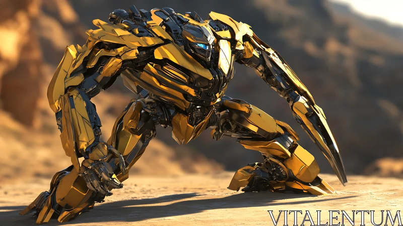 Yellow combat mecha crouched in desert landscape, ready.