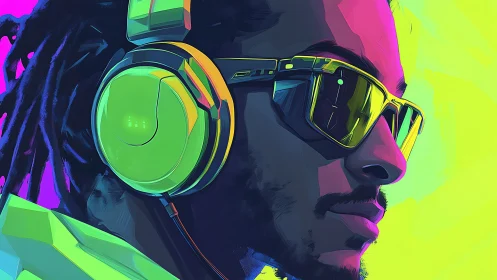 Neon cyber portrait with reflective visor and headphones.