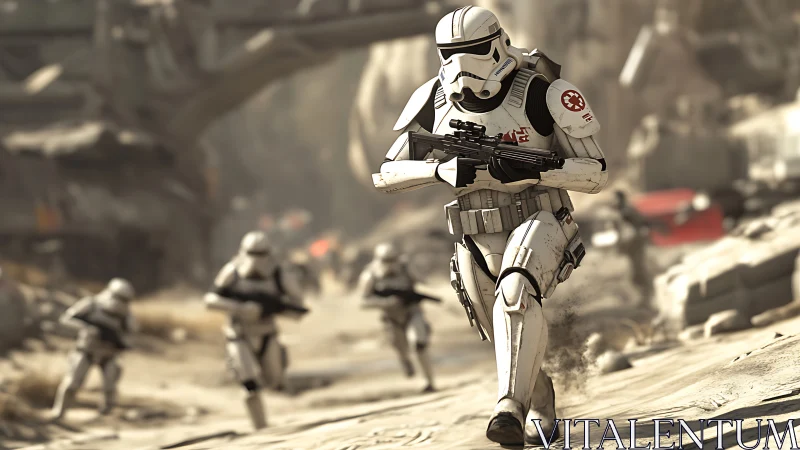 Armored sci fi soldiers advance through desert battlefield.