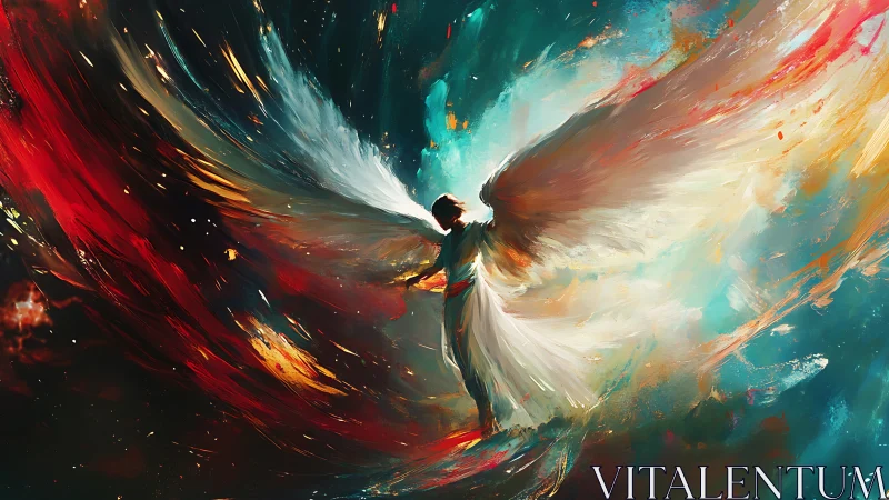 Winged celestial figure framed by dynamic, high-contrast nebular strokes