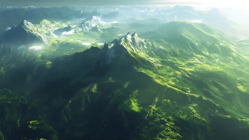 Sunlit green mountain range extends across distant hazy horizon