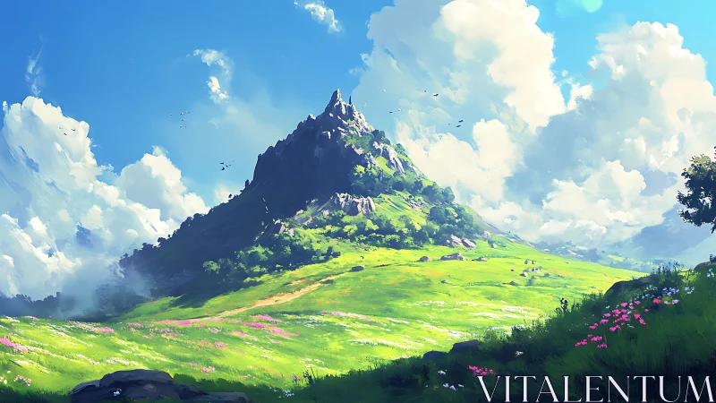 Bright green valley below rocky mountain peak at midday