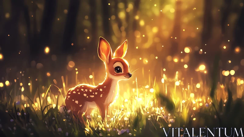 Gentle fawn glows in golden forest light at sunrise.