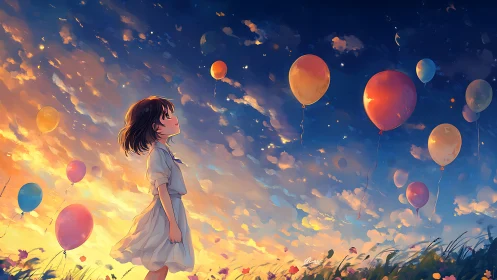Girl watches sunset balloons drift across glowing sky.