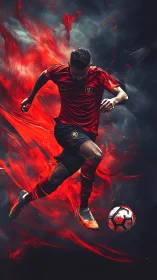 Soccer forward drives ball through swirling red flames.