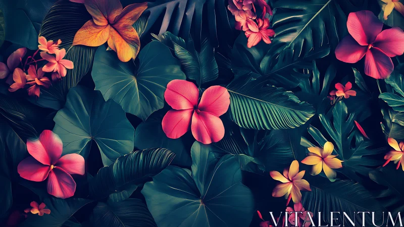 Tropical Flowers Bloom in Neon-Lit Digital Paradise