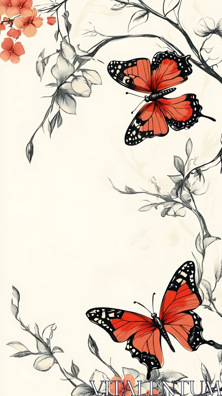 Orange butterflies move among monochrome floral branches