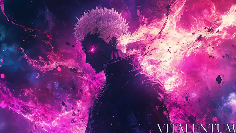 Blazing white‑haired warrior engulfed in neon magenta fire.