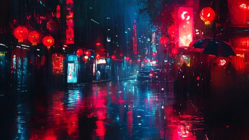 Rainy neon lit city street with red lanterns at night.