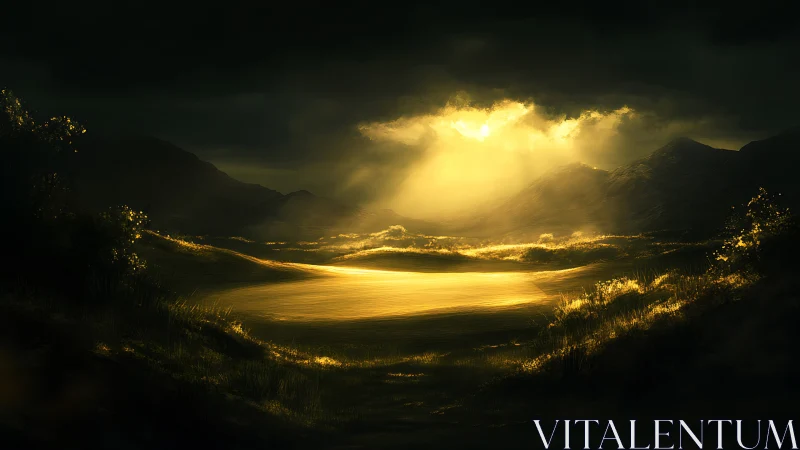 Golden light over tranquil valley lake at dusk.