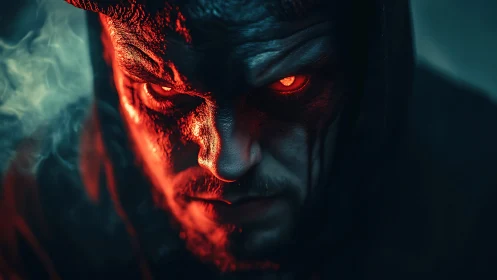 Demonic hooded figure with glowing red eyes in smoke.