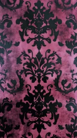 Ornate black damask pattern on textured magenta ground.
