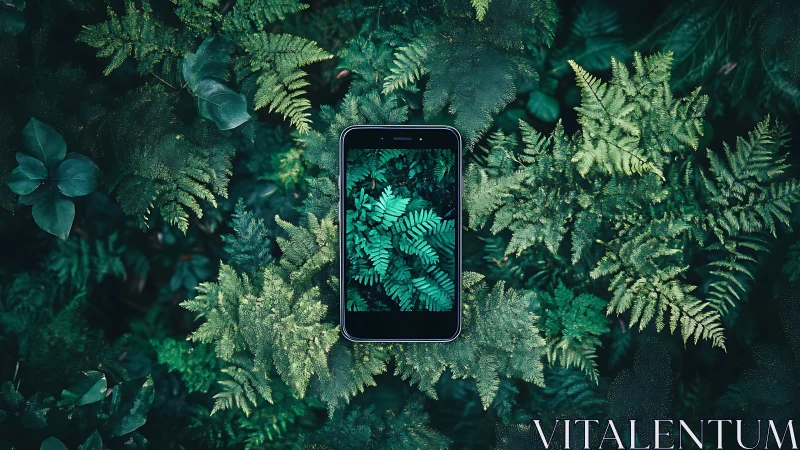 Smartphone centered among dense foliage capturing botanical imagery