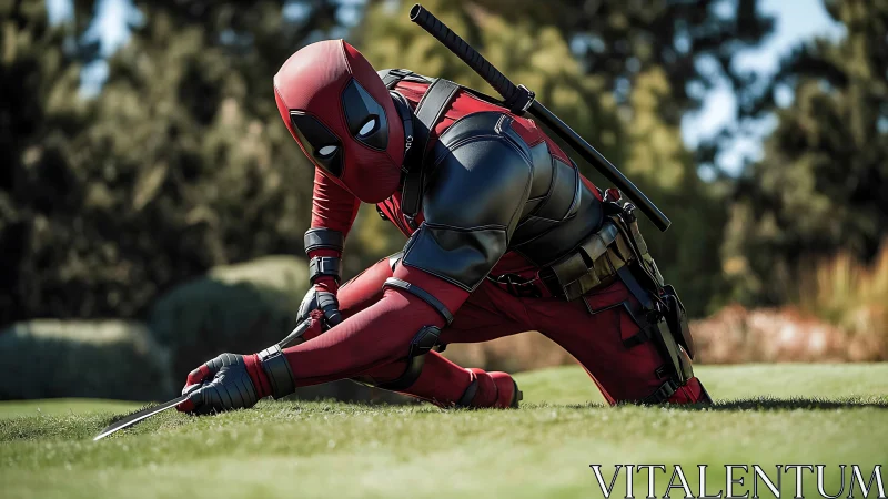 Red armored antihero crouches low on bright sunlit grass