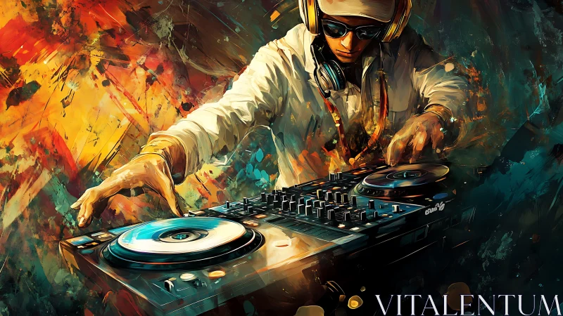 Digital painting of DJ mixing decks amid abstract color storm.