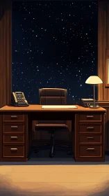 Midnight office desk facing panoramic starfield window view