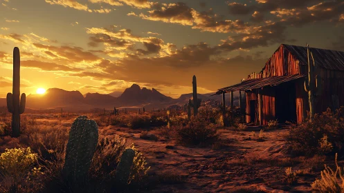 Desert shack sits among cacti under low orange sunset light