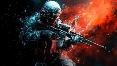 Armored soldier advances through explosive red and blue chaos