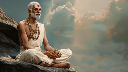 Elderly sage meditates on mountain ledge beneath glowing clouds