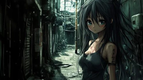 Moody anime alley portrait with dramatic wet light rendering.